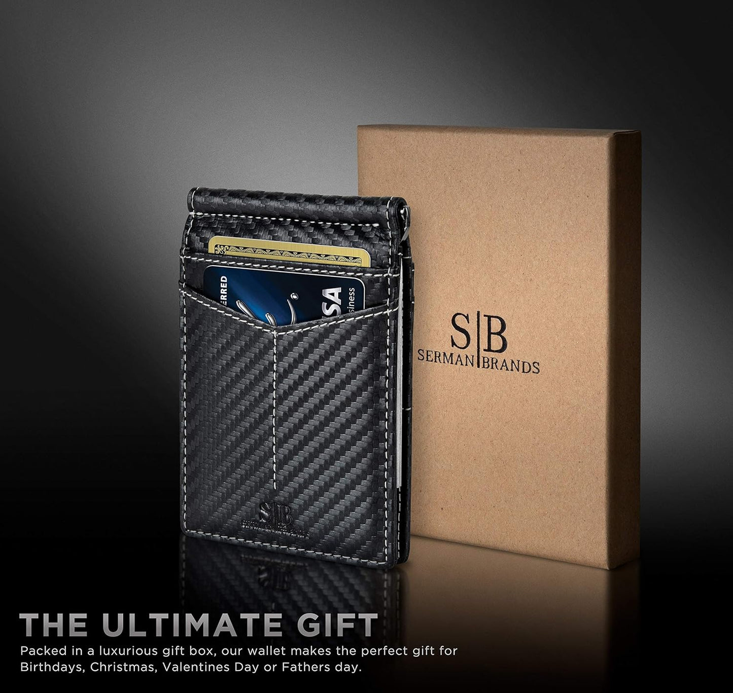 SERMAN BRANDS RFID Blocking Wallet Slim Bifold - Genuine Leather Minimalist Front Pocket Wallets for Men with Money Clip Gift