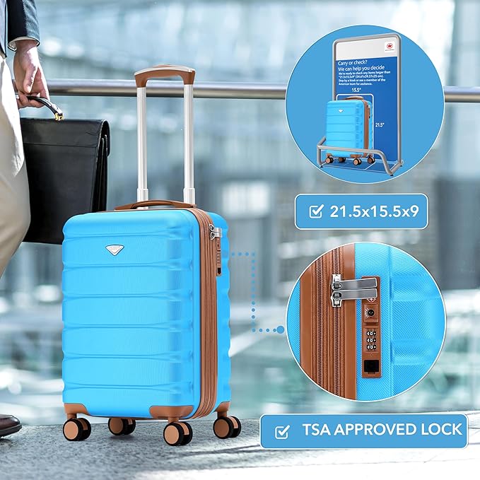 Flight Knight 21.5x15.5x9 Expandable Carry On Suitcase Hardside TSA Lock & USB C Port Lightweight Luggage Silent Double Spinner Wheels Maximum Canada Air Overhead Bag Airlines Approved Turquoise