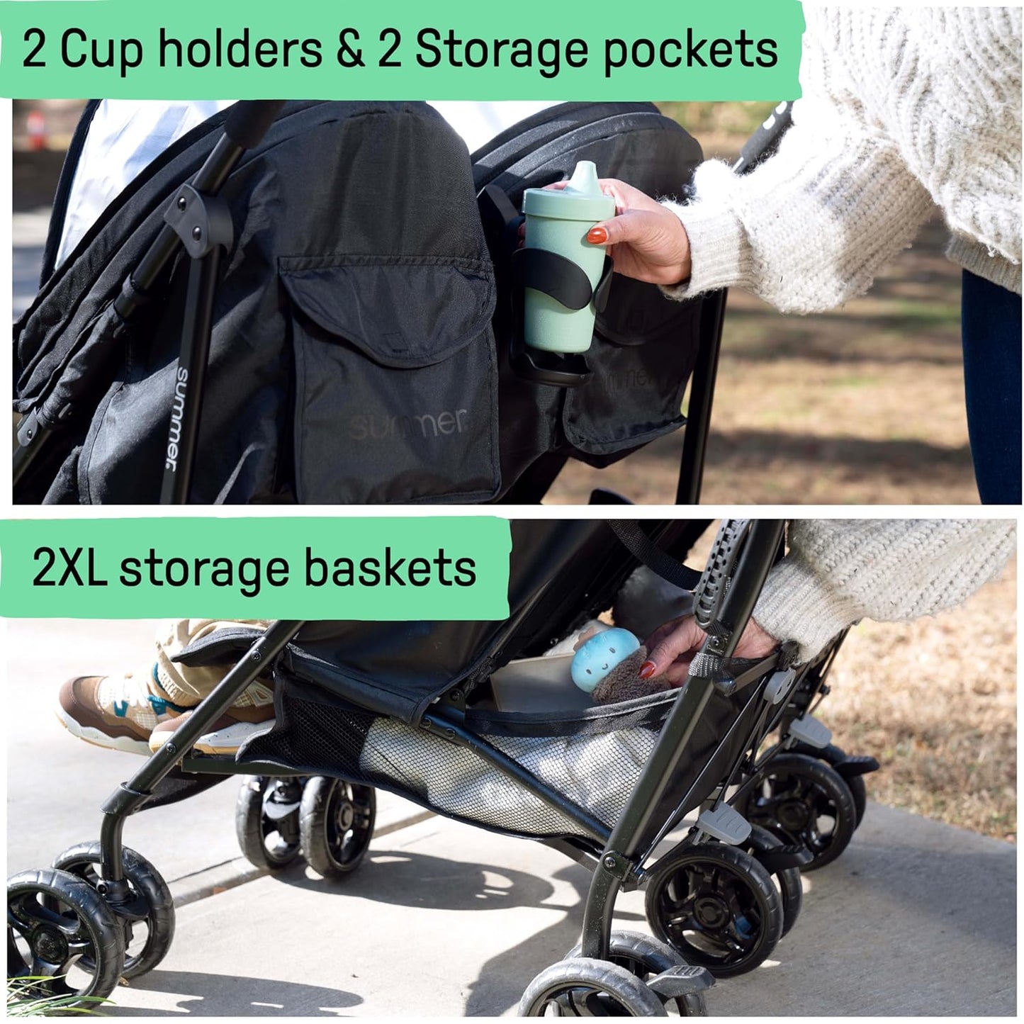 Summer Infant 3Dlite Folding Lightweight Side by Side Double Stroller with 5-Point Safety Harness for Infants and Toddlers, Black