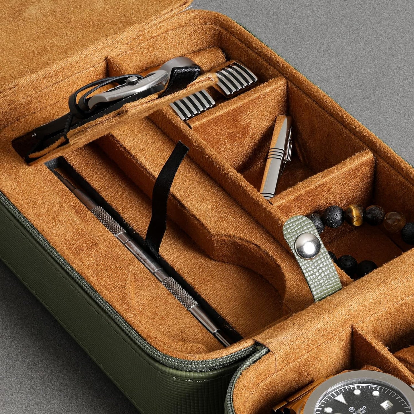 ROTHWELL 5 Watch Travel Case Storage Organizer for 5 Watches | Tough Portable Protection w/Zipper Fits All Wristwatches & Smart Watches Up to 50mm (Green/Tan)