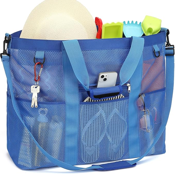 Mesh Beach Bag, Large Beach Tote with Zipper Pocket, Toys Pool Bag for Family Travel Vacation Cruise Essentials