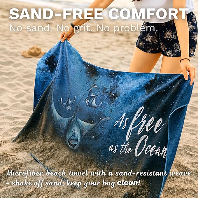 Umade Microfiber Quick Dry Towel, 59" x 29.5" - Compact Lightweight Travel/Backpack/Camping/Yoga Towels with Hanging Loop & Elastic Strap, Manta Rays Design (Deep Blue)
