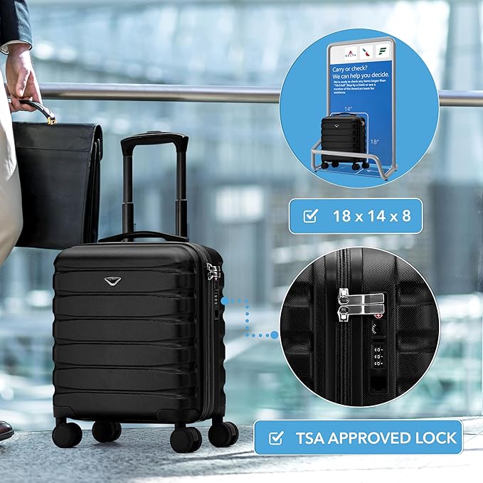 Flight Knight Carry On Suitcase 18x14x8" Hardside Built In TSA Lock & USB Port Lightweight Luggage Silent Double Spinner Wheels Maximum Underseat Carry-On Bag For American & United Approved Airlines