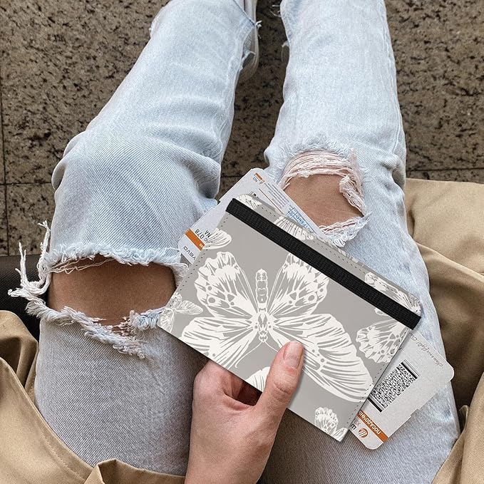 Cute Passport Holder and Holder Combo Passport Cover with RFID Blocking Women Men Compatible Wallet Credit Card Protector(White Butterfly)