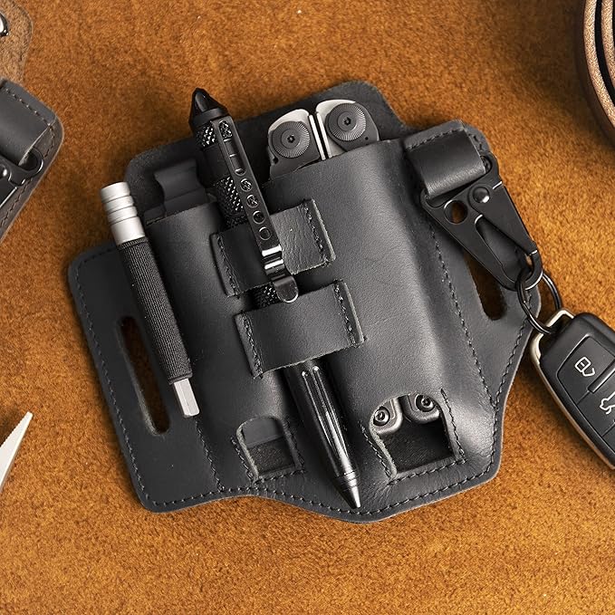 Gentlestache Multitool Belt Sheath, EDC Leather Belt Organizer, Belt Holder with Multitool Pouch, Flashlight Holder, Pen Holder and Keychain Clip, Practical EDC Belt Pouch for Men