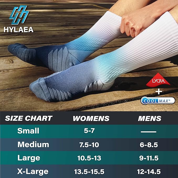 Hylaea Compression Running Socks for men, Coolmax Anti-Blister Cushion Crew Socks for Athletic, Moisture Wicking & Seamless