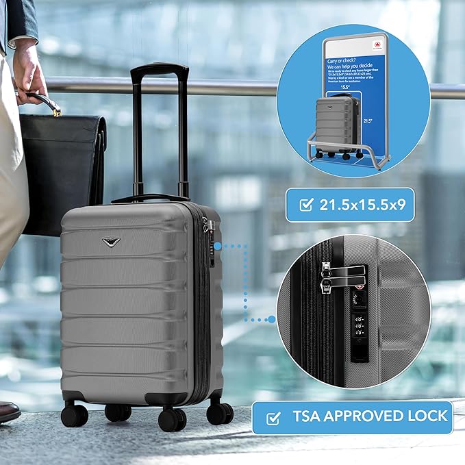 Flight Knight 21.5x15.5x9 Expandable Carry On Suitcase Hardside TSA Lock & USB C Port Lightweight Luggage Silent Double Spinner Wheels Maximum Canada Air Overhead Bag Airlines Approved Charcoal