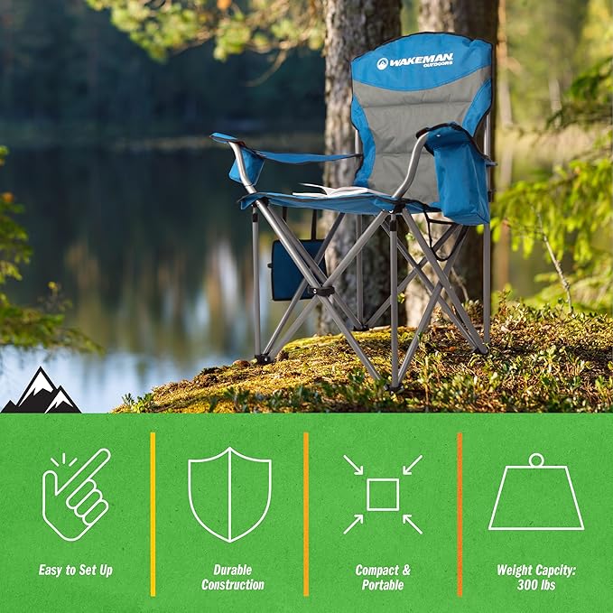 Oversized Camping Chair 300lbs - Heavy Duty Folding Chair with Cooler Pouch and Carry Bag for Camp Sites, Tailgates, or Beach by Wakeman (Blue)