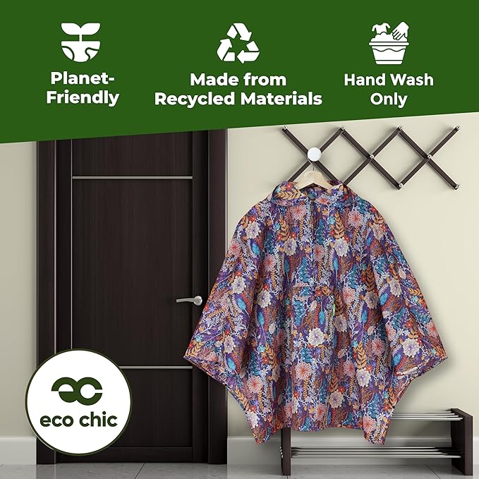 ECO CHIC Waterproof Hooded Rain Ponchos for Adults, Foldable Adult Poncho with Pocket, Lightweight Reusable Raincoat