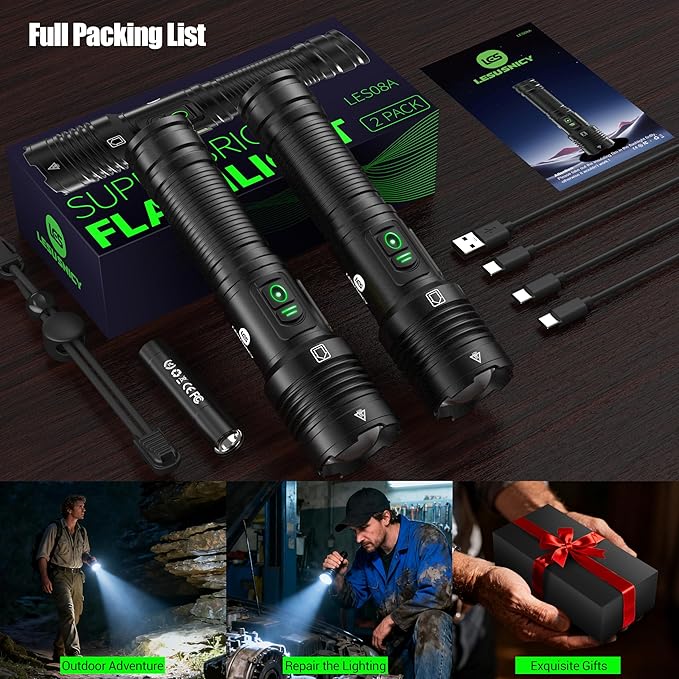 Rechargeable Flashlights High Lumens 100000 with Side Light - 2 Pack, Super Bright 30W LED, Dual Source Light Buttons, Long Lasting 15H, Quick USB C Charge, Handheld 6.81” Length, for Hiking Home Gift