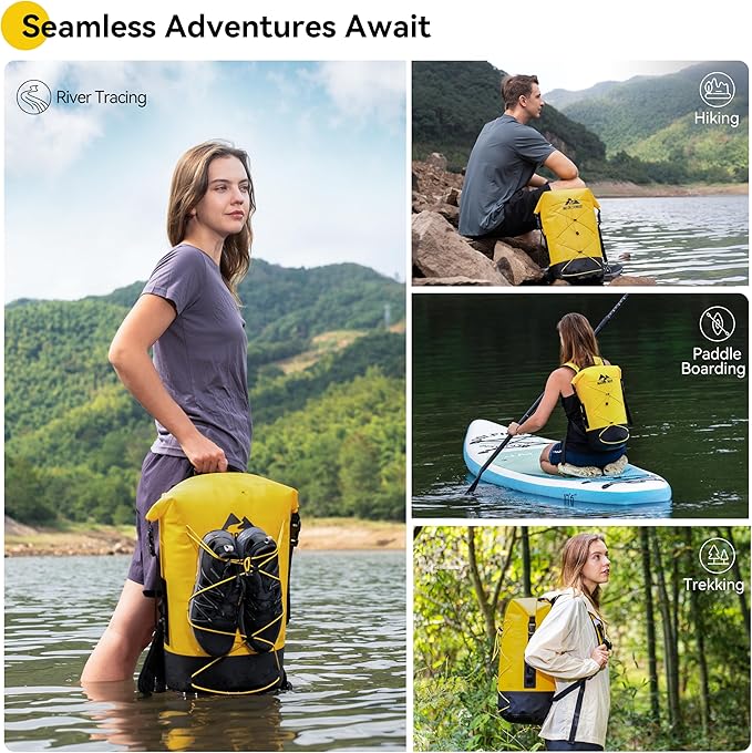MARCHWAY Floating Roll Top Dry Bag, Flexible Lightweight TPU Waterproof Backpack 20L/30L/40L with Padded Straps for Boating, Kayaking, Swimming, Hiking, Beach (Yellow, 30L)