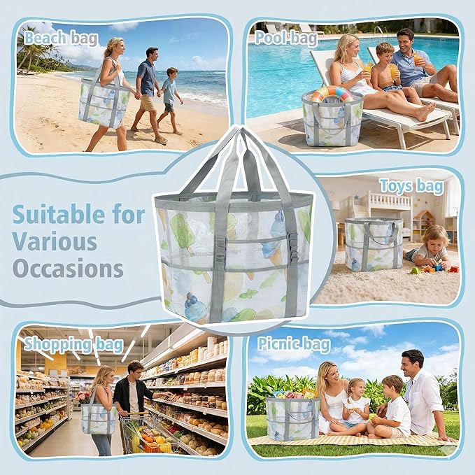 Mesh Beach Bags for Women - Family Beach Tote Bag for Toys, Towels, Travel Vacation Cruise Essentials