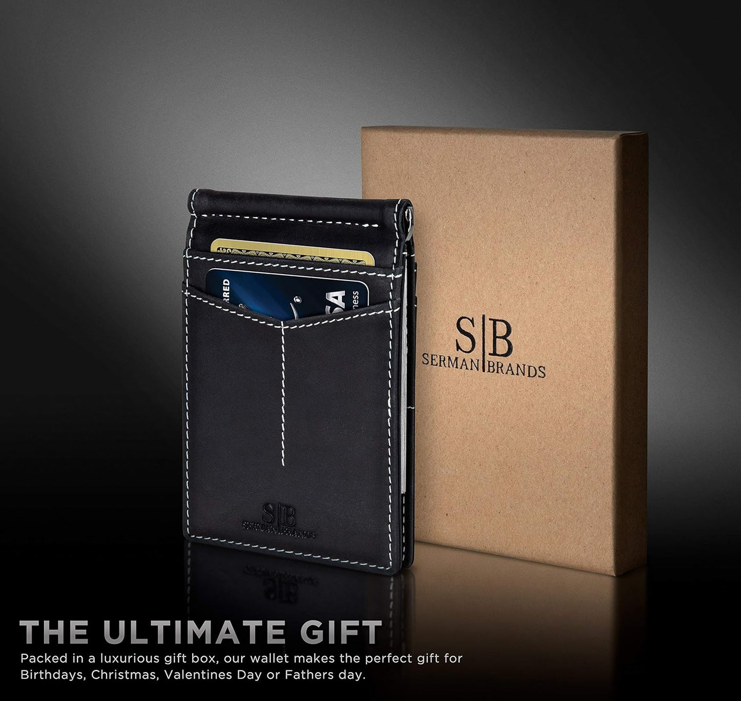 SERMAN BRANDS RFID Blocking Wallet Slim Bifold - Genuine Leather Minimalist Front Pocket Wallets for Men with Money Clip Gift