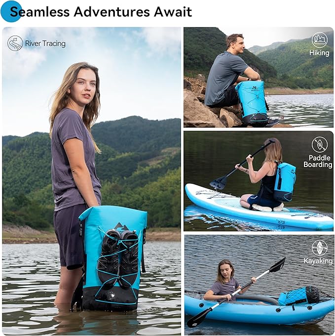 MARCHWAY Floating Roll Top Dry Bag, Flexible Lightweight TPU Waterproof Backpack 20L/30L/40L with Padded Straps for Boating, Kayaking, Swimming, Hiking, Beach (Blue, 30L)