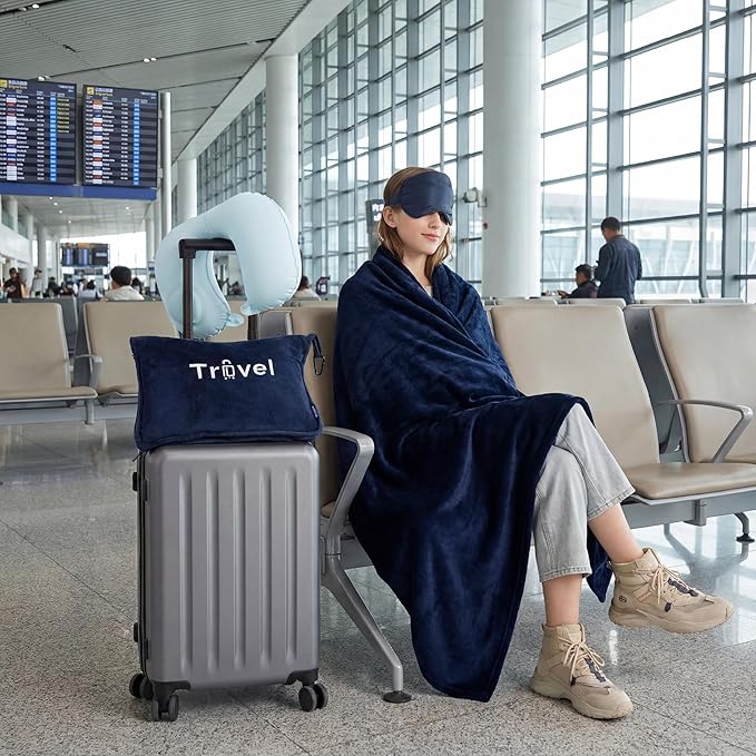 Bedsure Travel Blanket and Pillow Set with Inflatable Neck Pillows, Eye Mask and Storage Bag, Lightweight 3-in-1 Airplane Packable Blanket, Compact Travel Essentials, Navy