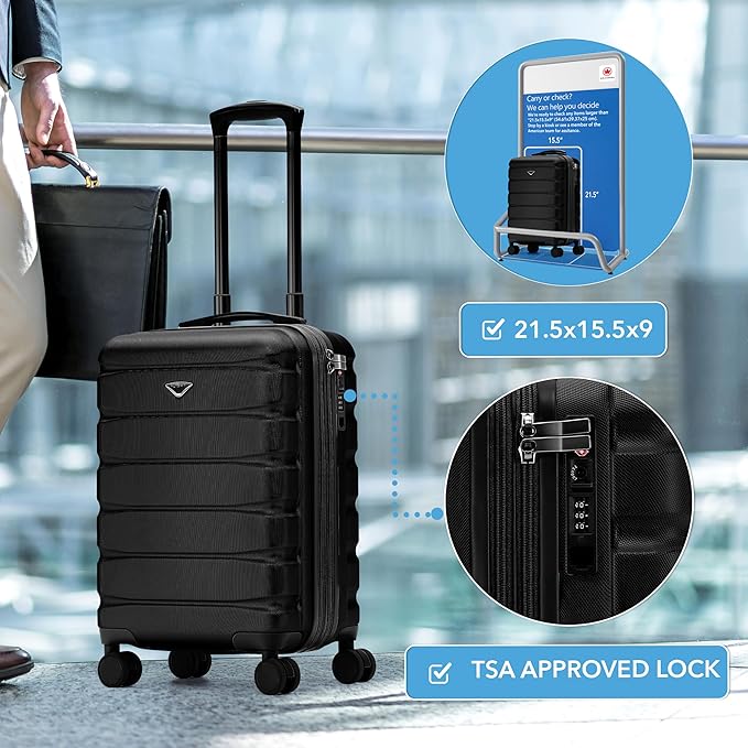 Flight Knight 21.5x15.5x9 Expandable Carry On Suitcase Hardside TSA Lock & USB C Port Lightweight Luggage Silent Double Spinner Wheels Maximum Canada Air Overhead Bag Airlines Approved Black