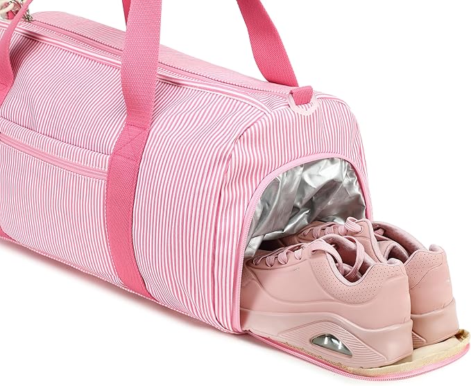 Gym Bag Sports Duffle Bag with Wet Pocket Weekender Overnight Bags with Shoe Compartment for Girls Kids Women Dance Workout Travel Bags (Pink Stripe)
