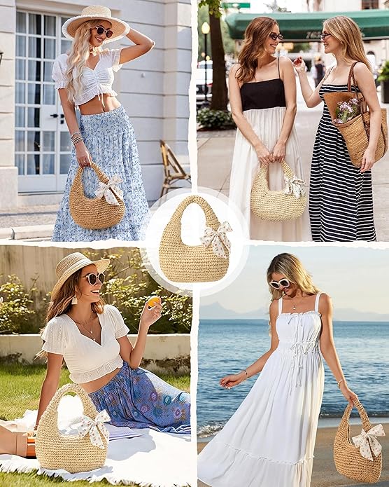 Beach Bags for Women - Handmade Straw Clutch Purses for Women Handbag Zip Closure Tote Bag Lightweight