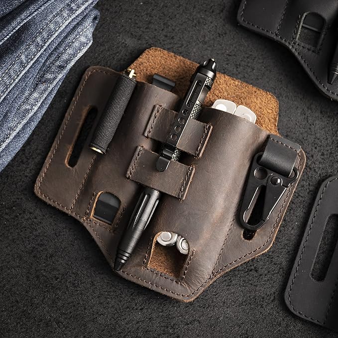 Gentlestache Multitool Belt Sheath, EDC Leather Belt Organizer, Belt Holder with Multitool Pouch, Flashlight Holder, Pen Holder and Keychain Clip, Practical EDC Belt Pouch for Men