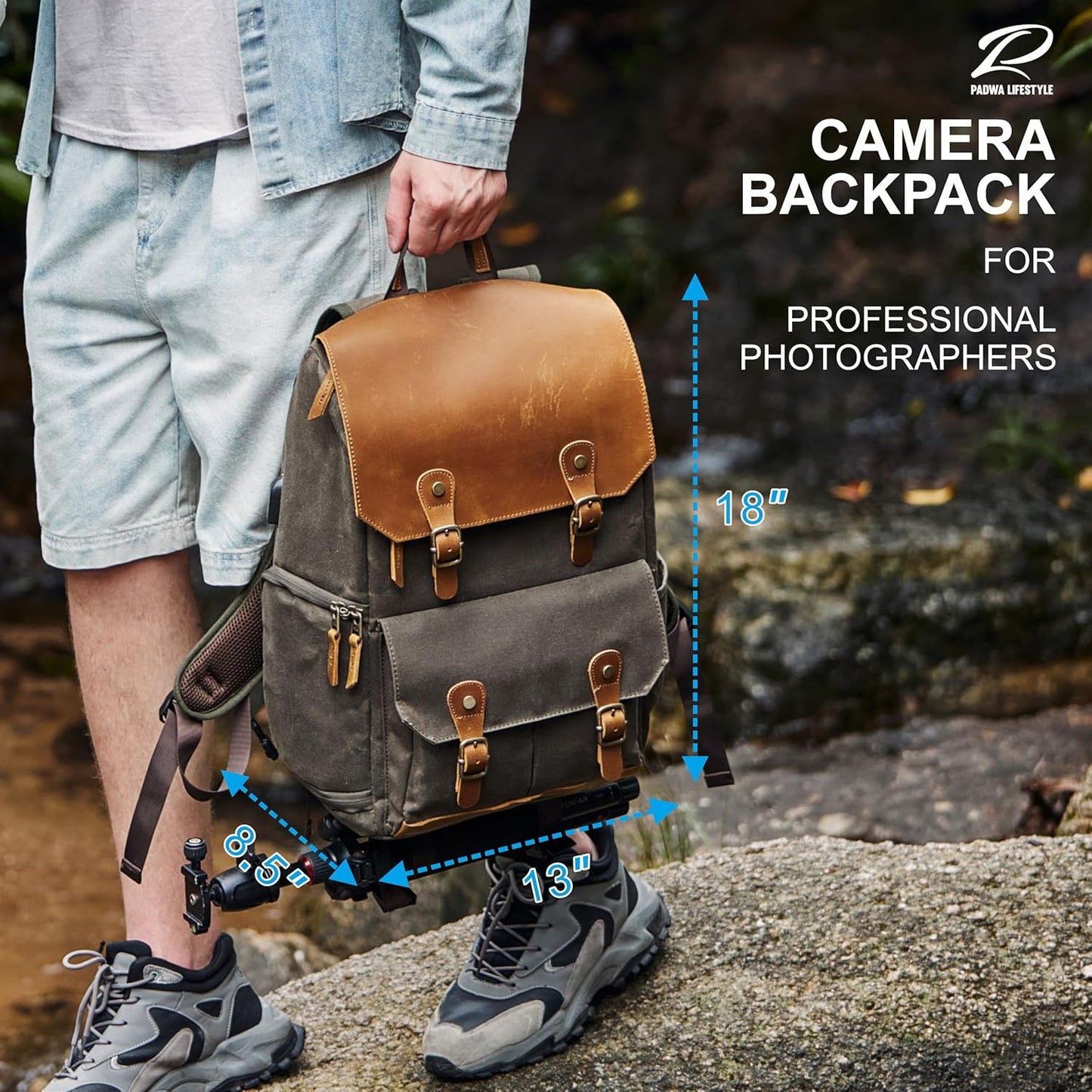 Padwa Lifestyle Coffee Camera Backpack - Weather Resistant Waxed Memory Canvas Camera Backpacks for Photographers,Multi DSLR SLR Camera Bag with 16β Laptop & Lens Compartment and Tripod Holder