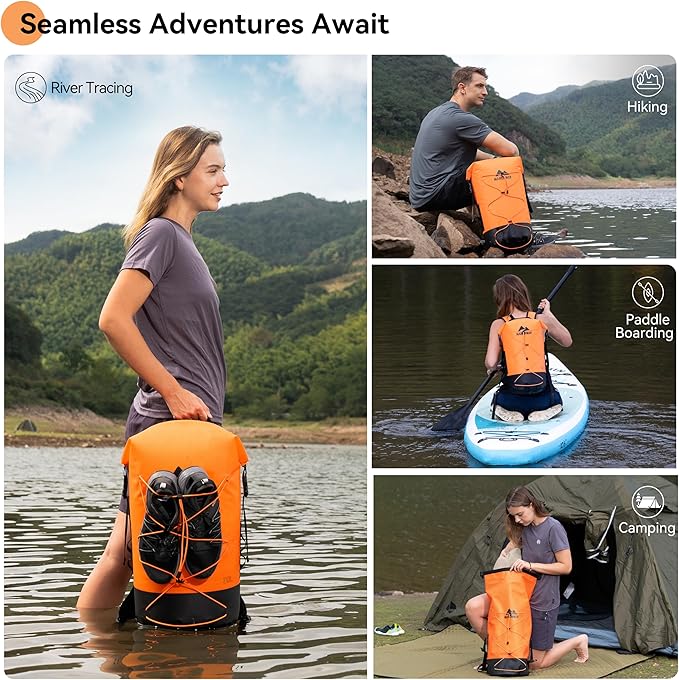 MARCHWAY Floating Roll Top Dry Bag, Flexible Lightweight TPU Waterproof Backpack 20L/30L/40L with Padded Straps for Boating, Kayaking, Swimming, Hiking, Beach (Orange, 20L)