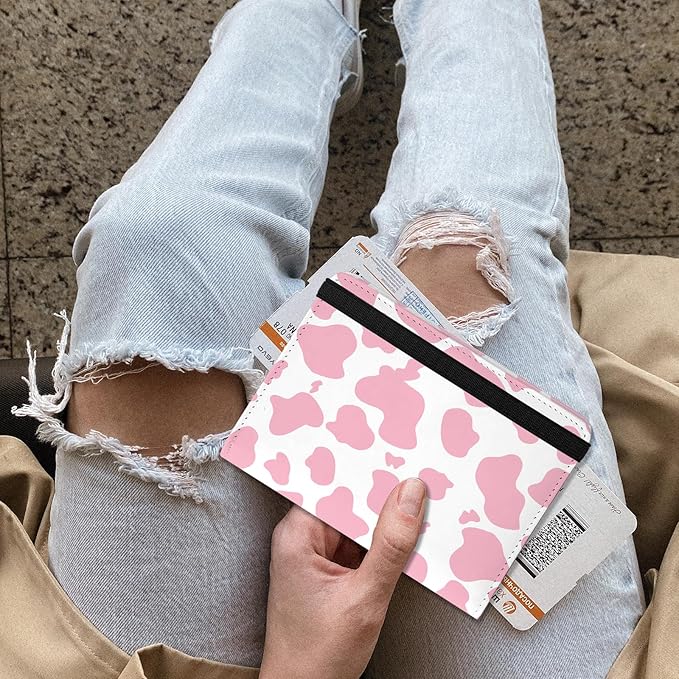 Cute Passport Holder and Holder Combo Passport Cover with RFID Blocking Women Men Compatible Wallet Credit Card Protector(Pink Cow)