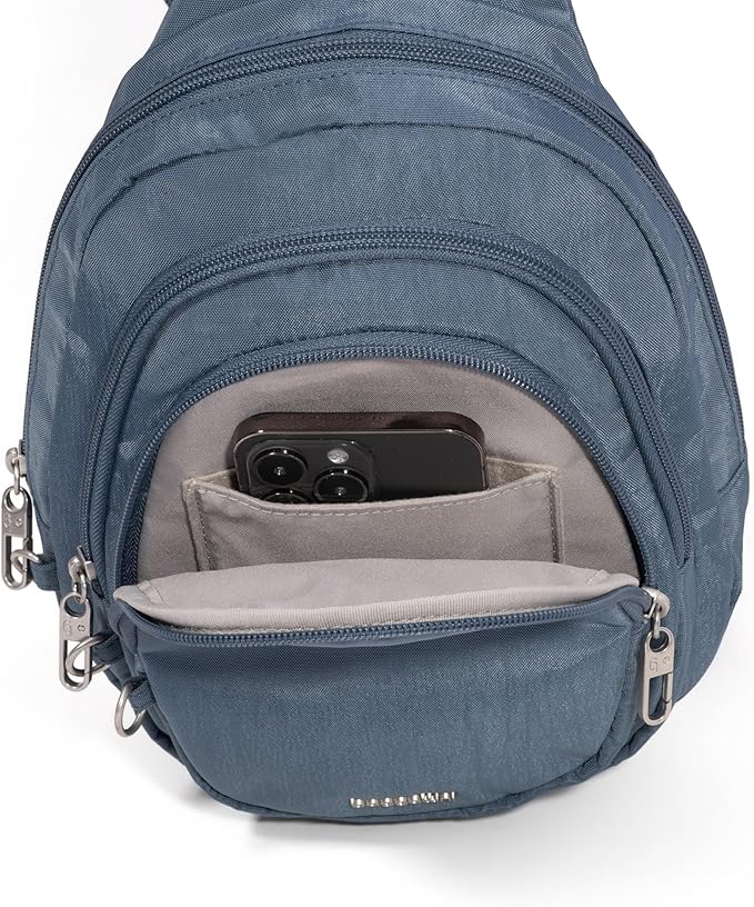 Baggallini Securtex® Anti-Theft Triple Zip Sling 8.6"x15.2" Travel Crossbody Backpack with RFID Wallet Locking Zipper