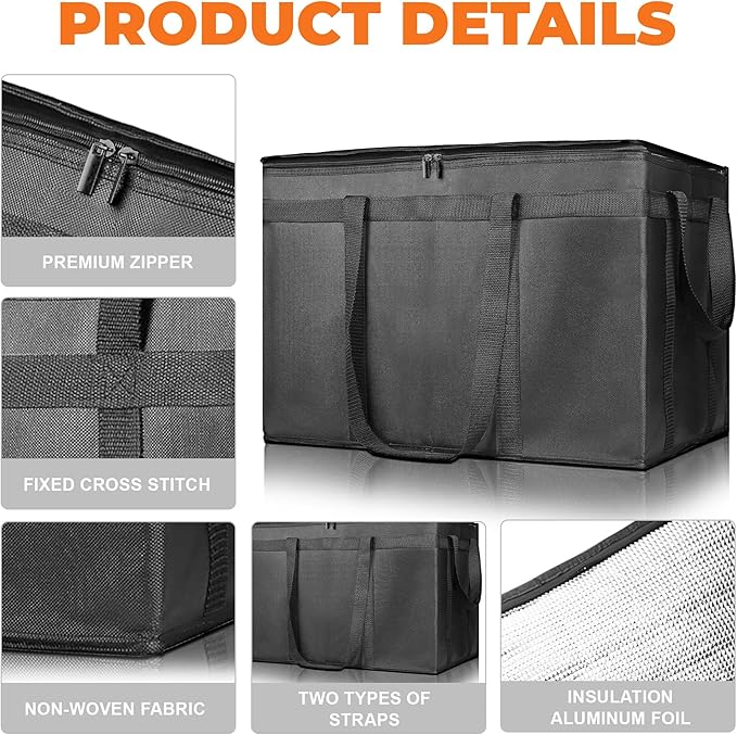 Pack of 2 Insulated Food Delivery Bag with Hard Bottom, XXXL Large Reusable Thermal Cooler Grocery Tote Bag, Commercial Pizza Delivery Box Carrier for Uber Eat, Door Dash Essentials, Hot and Cold Food