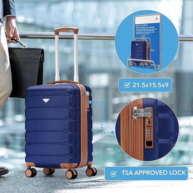Flight Knight 21.5x15.5x9 Expandable Carry On Suitcase Hardside TSA Lock & USB C Port Lightweight Luggage Silent Double Spinner Wheels Maximum Canada Air Overhead Bag Airlines Approved Navy/Tan