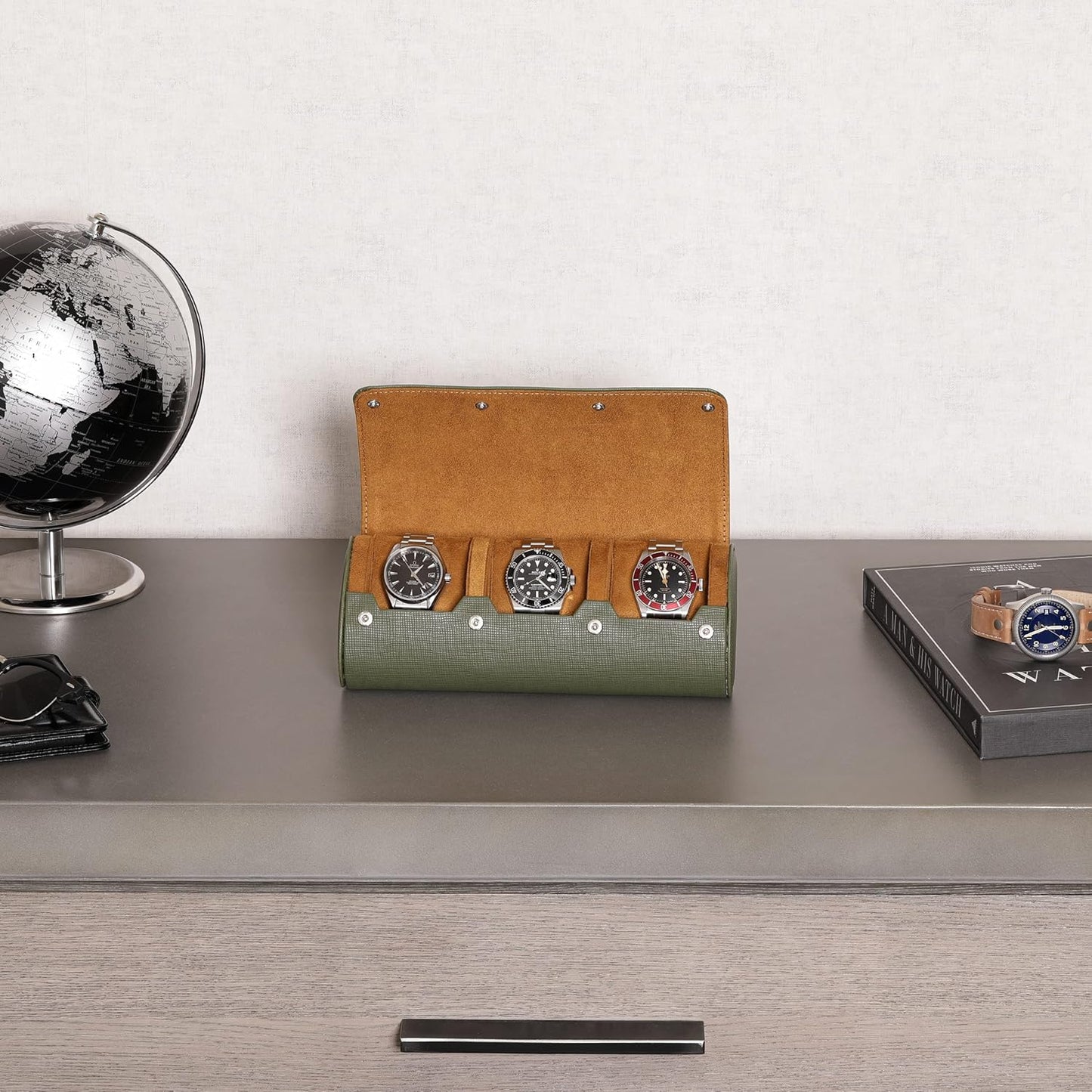 ROTHWELL Watch Roll Travel Case for 3 Watches | Tough Portable Protection, Fits All Wrist Watch & Smart Watches Up to 50mm (Green/Tan)