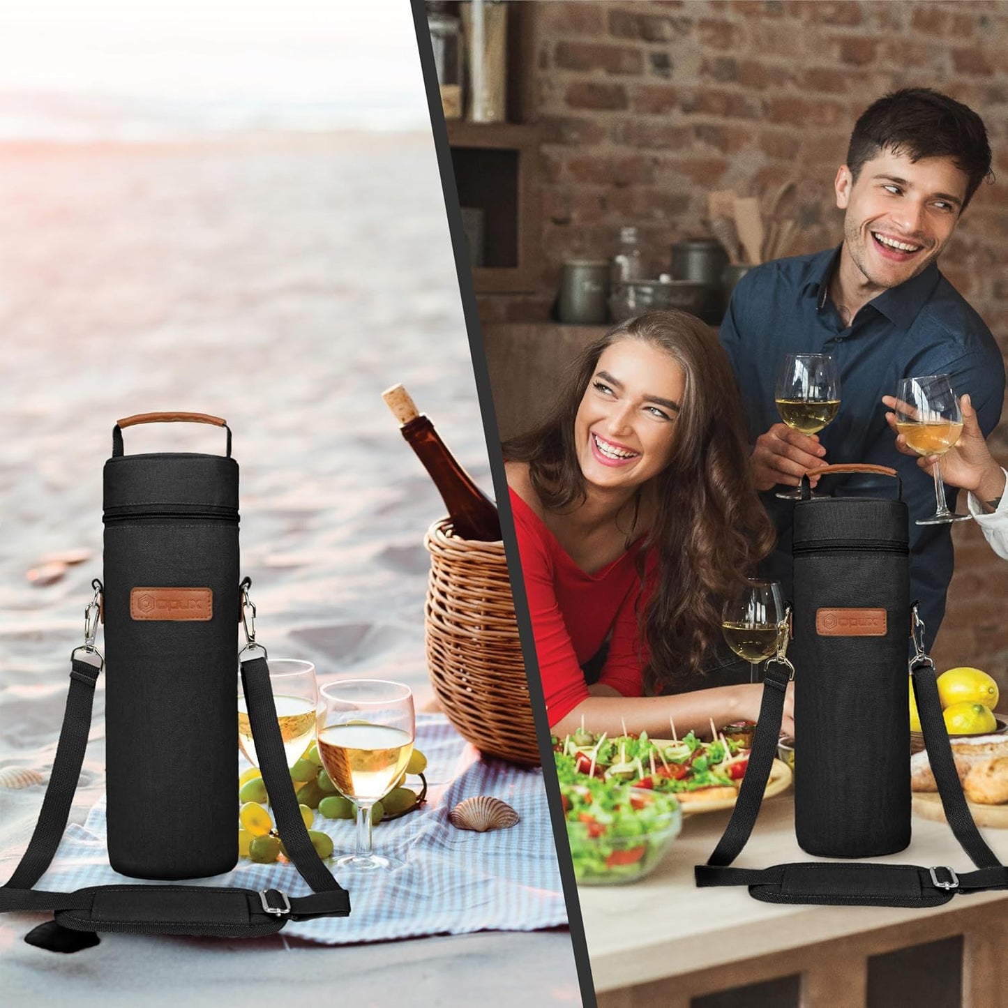 opux Wine Bag Single Bottle Carrier Tote, Insulated Wine Cooler Bag for Travel Picnic Beach with Shoulder Strap, Thermal One Bottle Holder Carrying Case Wine Gift for Women Men, Black