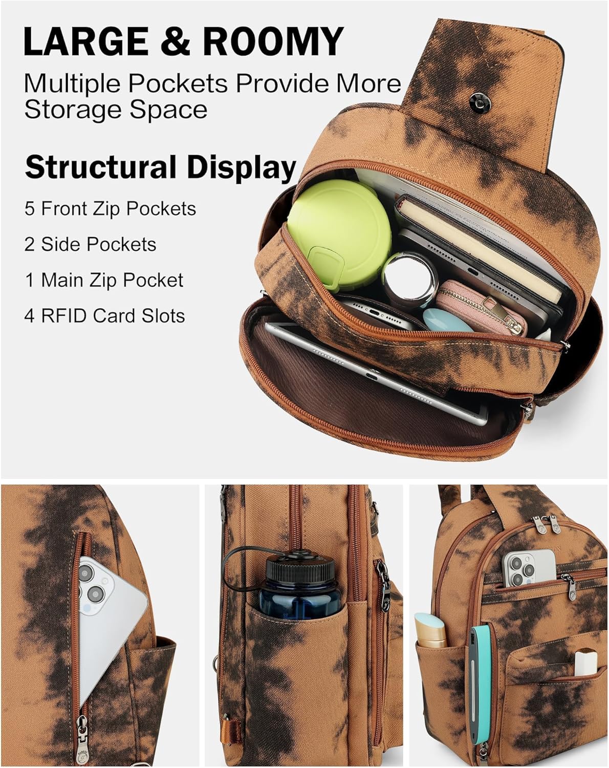 FADEON Large Sling Bag for Women, Leather Crossbody Purse Designer Anti Theft Sling Backpack, RFID Fanny Packs for Travel