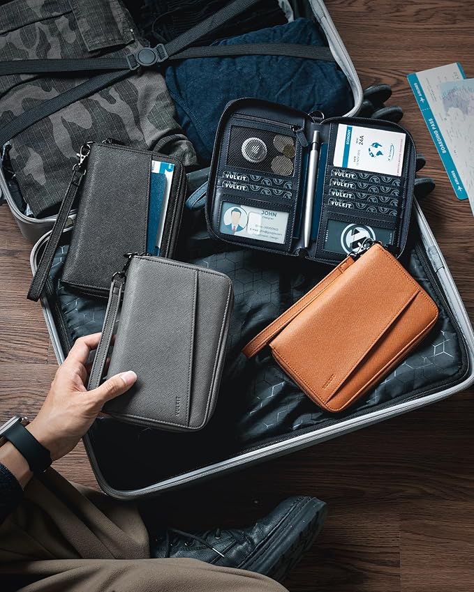 VULKIT Leather Passport Wallet RFID Blocking with Wrist Strap, Travel Document Organizer - 6 Credit Card Slots, 2 Interior + 2 Exterior Passport Slots, 2 ID Windows, Zipper Closure, Brown