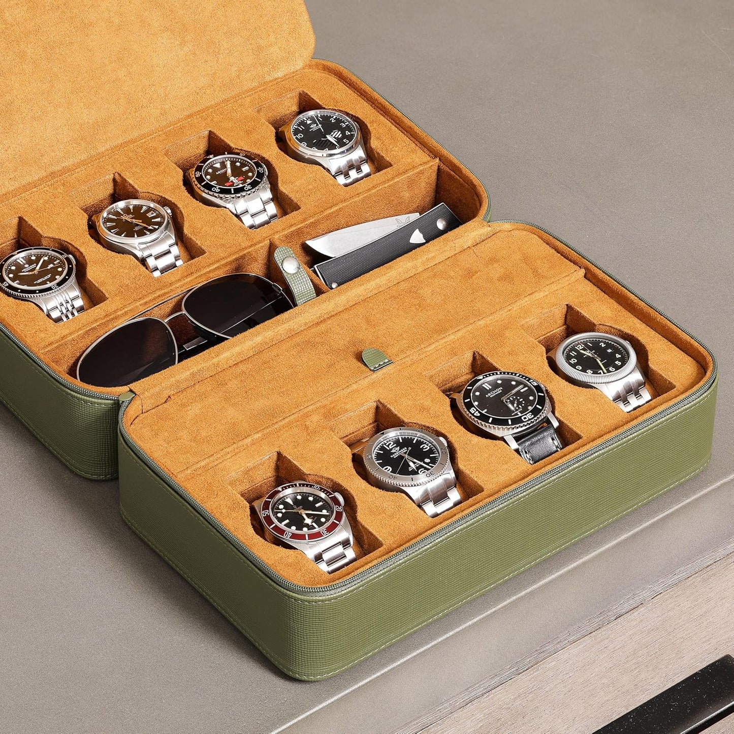 ROTHWELL 8 Watch Travel Case Storage Organizer for 8 Watches, Sunglasses, Rings & Cufflinks |Tough Portable Protection with Zipper Fits Most Wristwatches & Smart Watches Up to 50mm (Green/Tan)