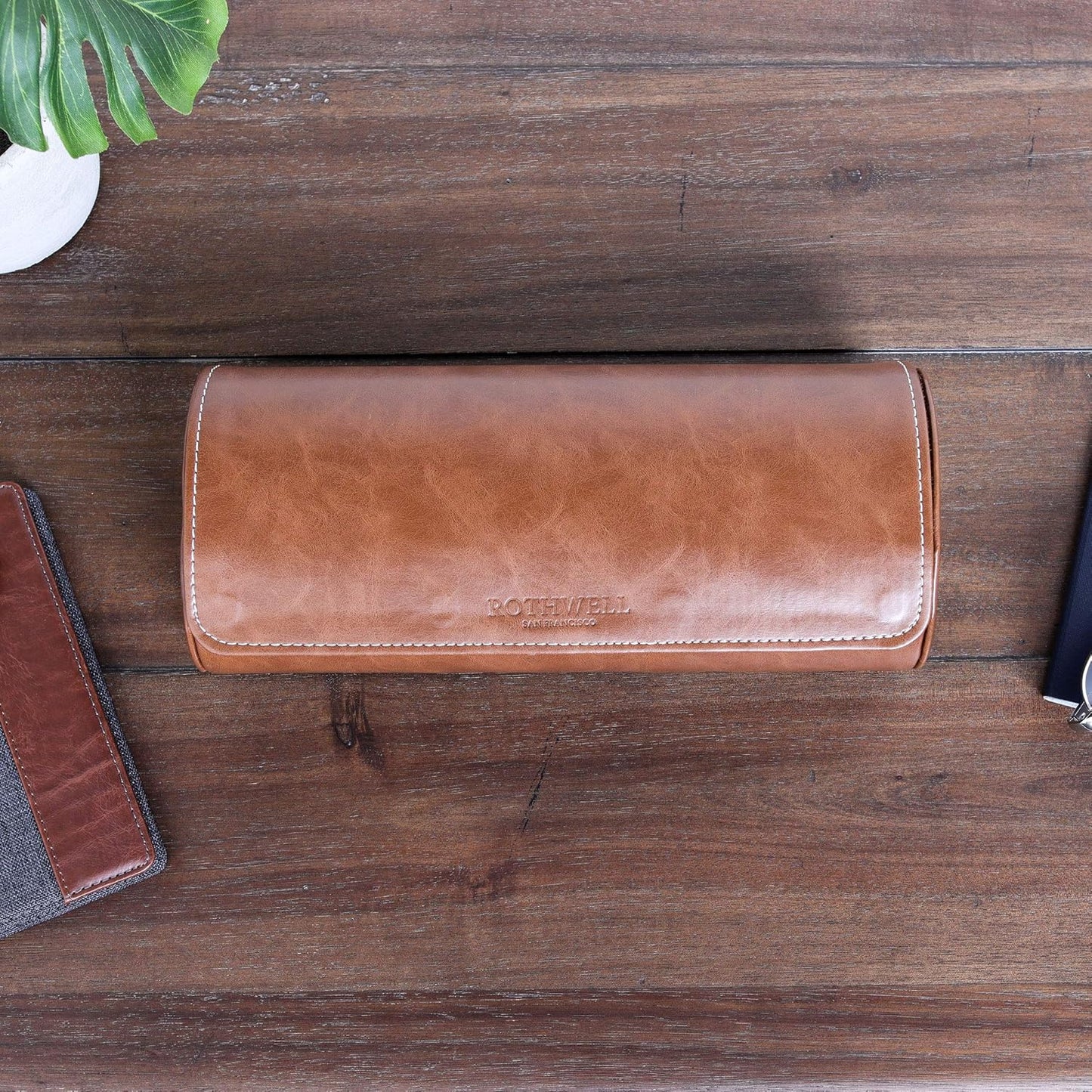 ROTHWELL Watch Roll Travel Case for 3 Watches | Tough Portable Protection, Fits All Wrist Watch & Smart Watches Up to 50mm (Tan/Brown)