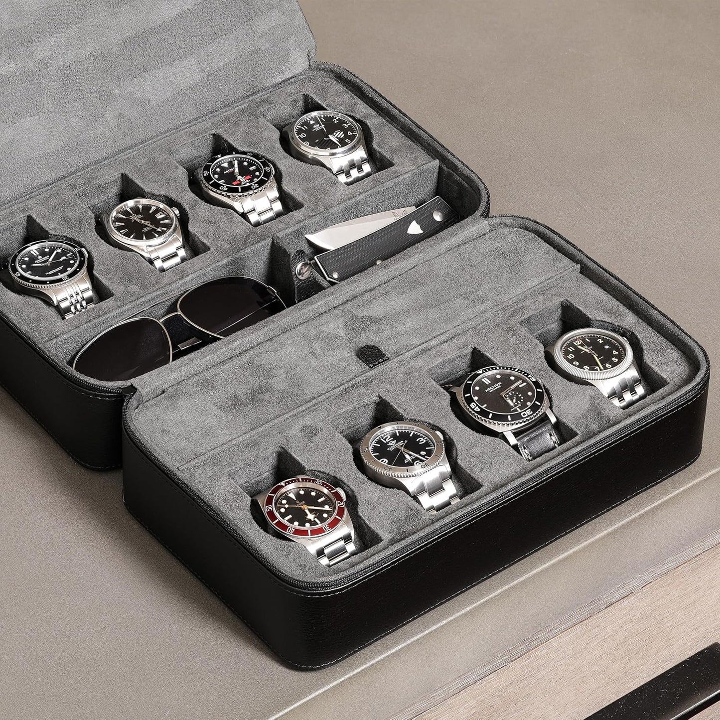 ROTHWELL 8 Watch Travel Case Storage Organizer for 8 Watches, Sunglasses, Rings & Cufflinks |Tough Portable Protection with Zipper Fits Most Wristwatches & Smart Watches Up to 50mm (Black/Grey)