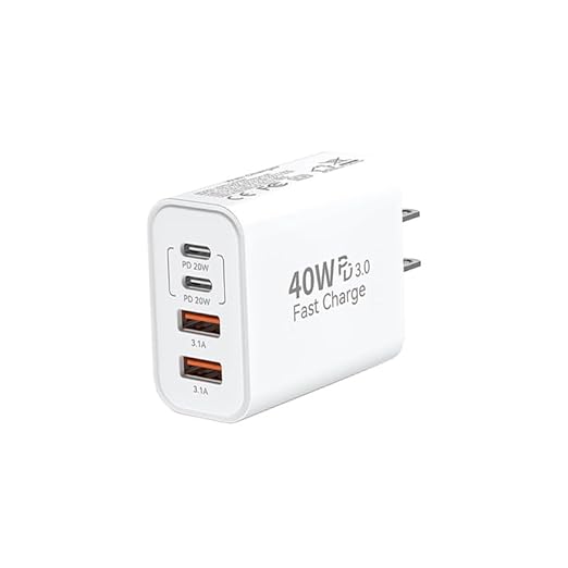 USB C Wall Fast Charger Block,40W 4-Port Type C Fast Charging Dual Type C+Dual USB-A Plug Multiport Charger Brick for iPhone 17/16/15/14/13/12 Pro Max, iPad, Galaxy