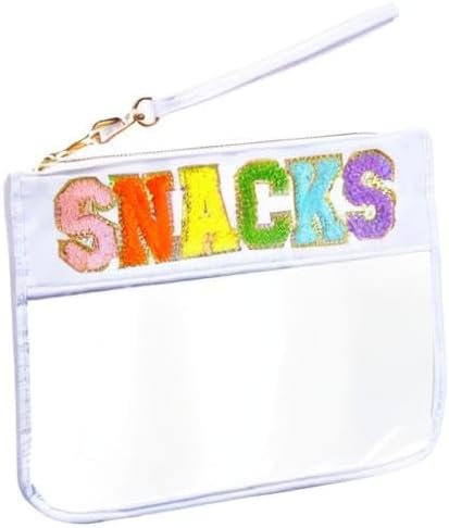 Chenille Letter Bag, Multi-purpose Nylon Clear Makeup Cosmetic Bags Flat Pouches with Zipper for Travel, Gym, Beach (White-Snacks)