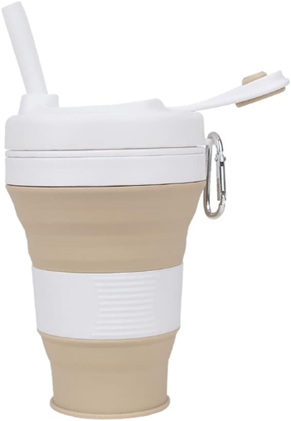 Collapsible Camping Cup with Straw Silicone Folding Coffee Cup Sport Bottle Portable Travel Outdoor Car 16oz 20oz (Khaki-600ml)