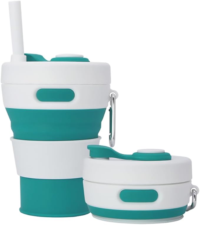 Collapsible Camping Cup with Straw Silicone Folding Coffee Cup Sport Bottle Portable Travel Outdoor Car 16oz 20oz (Green)