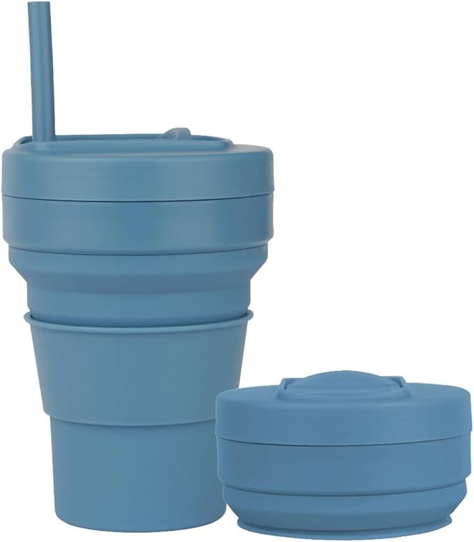 Collapsible Travel Cups- Food Grade Silicone Coffee Cups with Straw Lid 350ml 12oz Lightweight