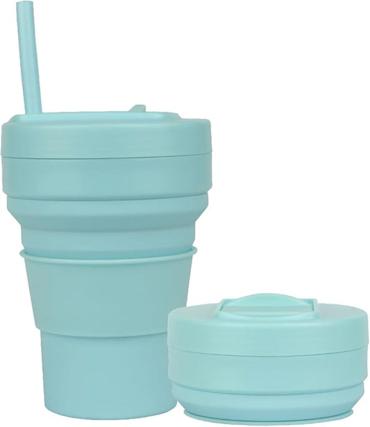 Collapsible Travel Cups- Food Grade Silicone Coffee Cups with Straw Lid 350ml 12oz Lightweight