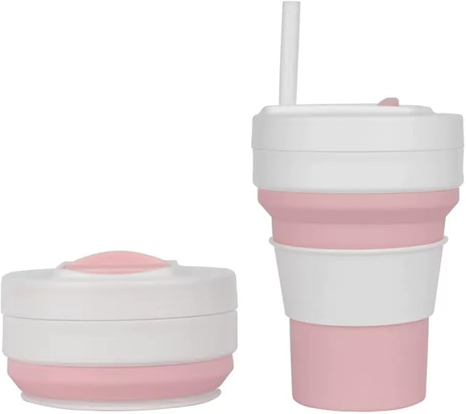 Collapsible Silicone Cup 12 oz – BPA Free Reusable Travel Cup with Lid & Straw – Foldable Pocket Size for Hot & Cold Drinks – Camping, Hiking, Office, Outdoor (Pink & White)