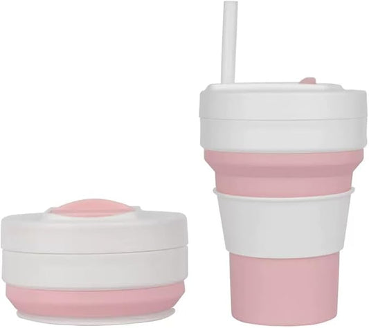 Collapsible Silicone Cup 12 oz – BPA Free Reusable Travel Cup with Lid & Straw – Foldable Pocket Size for Hot & Cold Drinks – Camping, Hiking, Office, Outdoor (Pink & White)