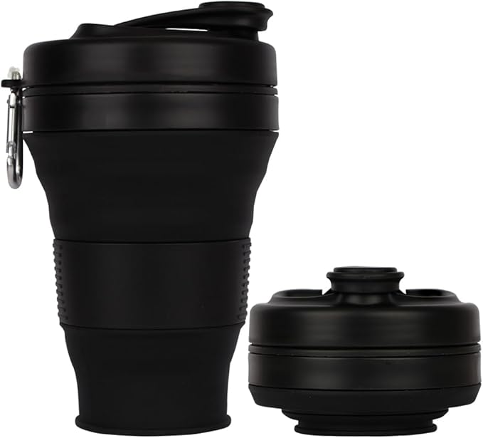 Collapsible Camping Cup with Straw Silicone Folding Coffee Cup Sport Bottle Portable Travel Outdoor Car 16oz 20oz (Black-600ml)