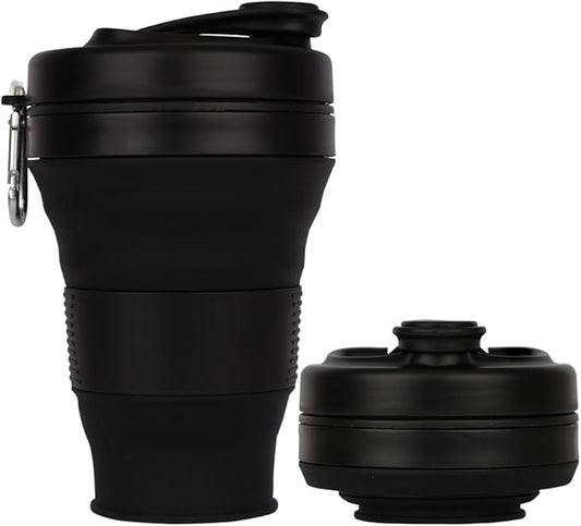 Collapsible Camping Cup with Straw Silicone Folding Coffee Cup Sport Bottle Portable Travel Outdoor Car 16oz 20oz (Black-600ml)