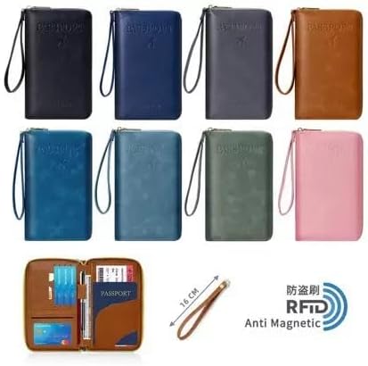 Multi-Functional RFID Passport Wallet,Travel Wallet for Men & Women,With zipper, anti-theft passport holder，Slim Leather Cover for Credit Cards, Tickets, Cash (Sky blue)