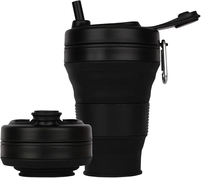 Silicone Coffee Cup with Straw lid Collapsible Cups for Traveling 20oz Lightweight Folding Water Mug for Picnic Hicking Camping Climbing (Black)