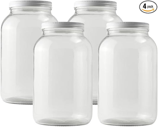 FastRack - One Gallon Wide Mouth Jar with White METAL Airtight Lid (Pack of 4) | Glass Canisters with Airtight Lids | Large Mouth Glass Jar with Fermentation Lid for brewing, fermentation and pickling