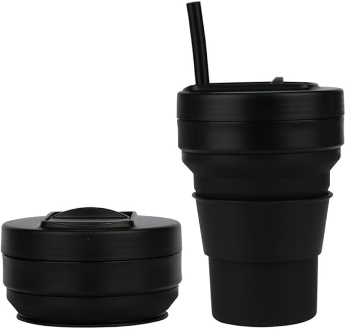 Collapsible Silicone Cup 12 oz – BPA Free Reusable Travel Cup with Lid & Straw – Foldable Pocket Size for Hot & Cold Drinks – Camping, Hiking, Office, Outdoor (Black)